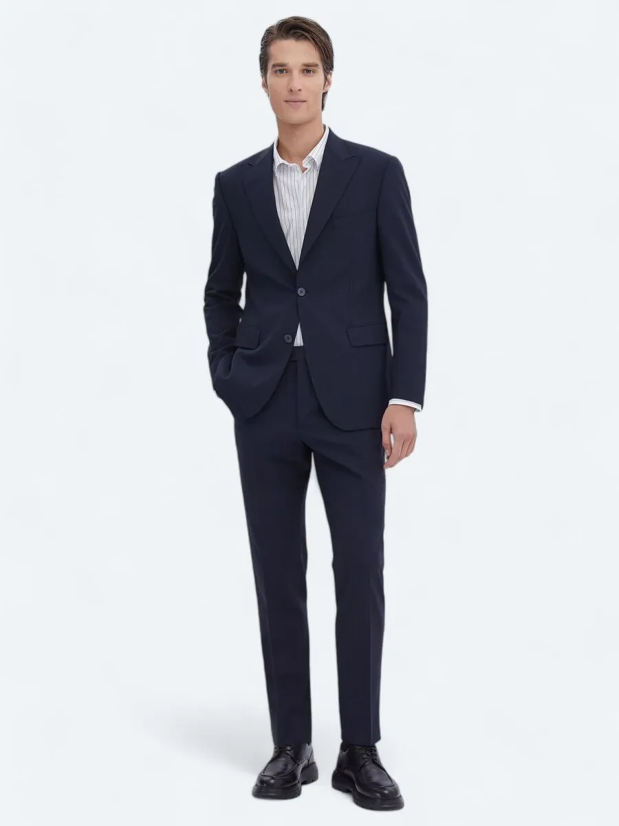 Navy Blue Micro Modern Fit Recycled Wool Blended Suit - 2