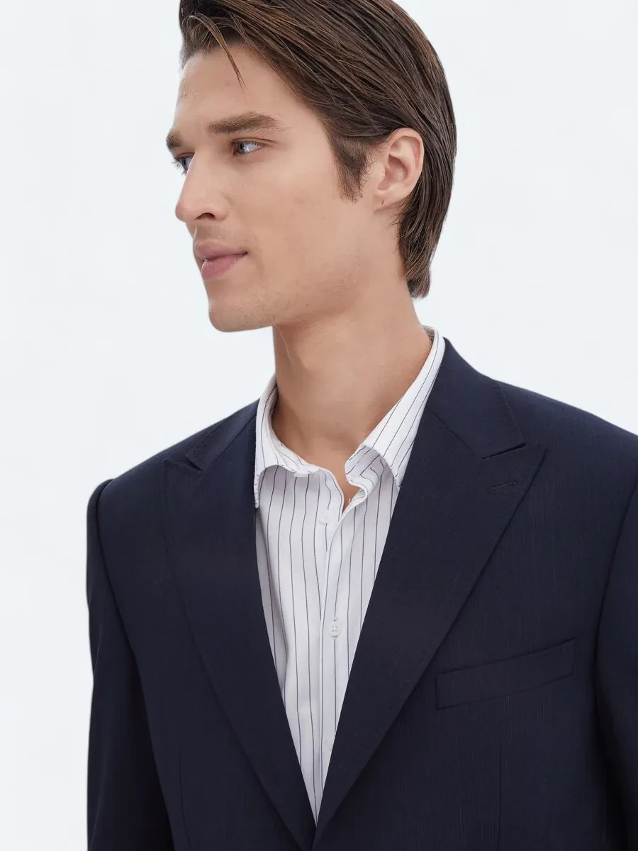 Navy Blue Micro Modern Fit Recycled Wool Blended Suit - 3