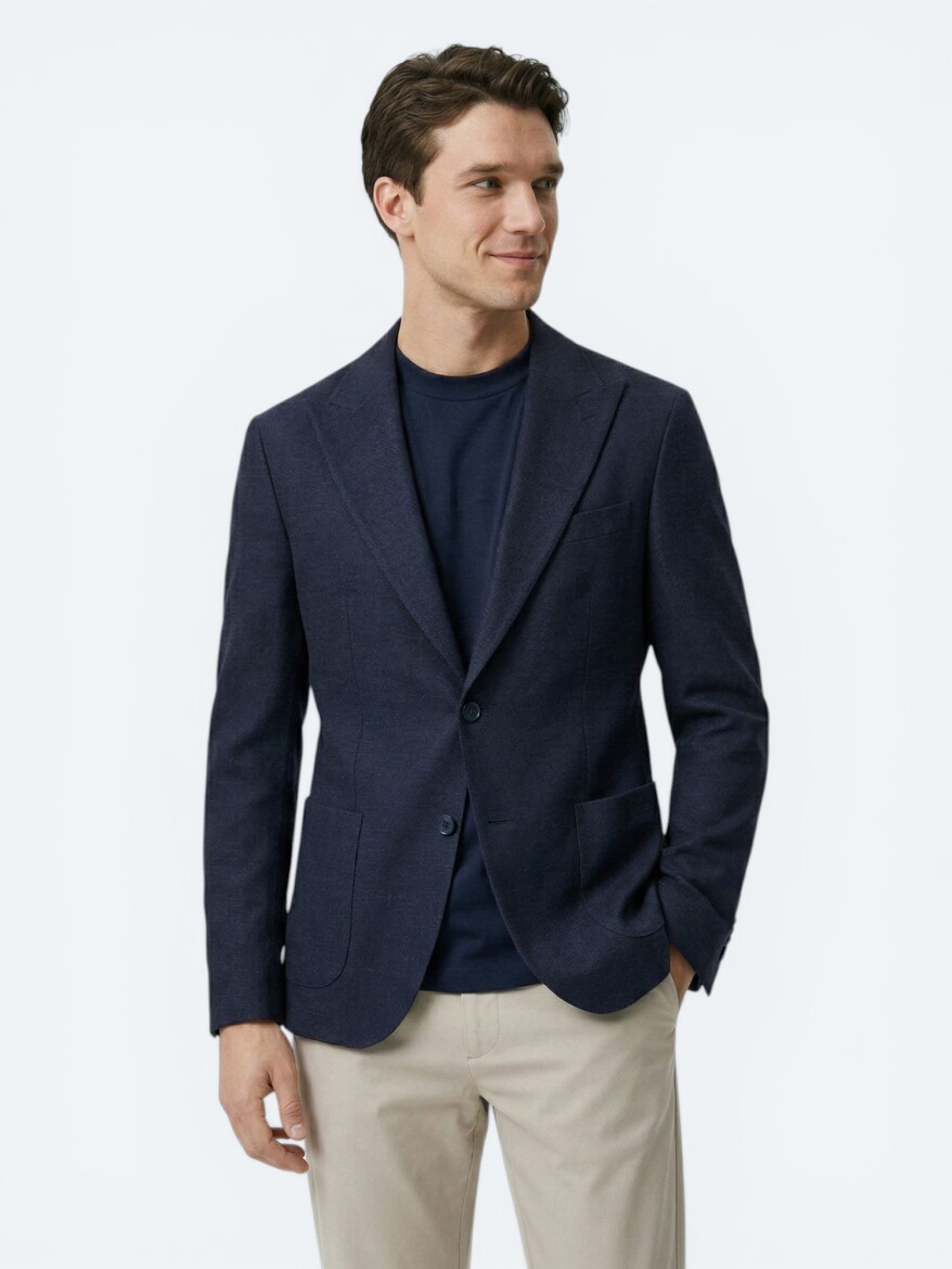 Navy Blue Micro Modern Fit Wool Blended Jacket - 1