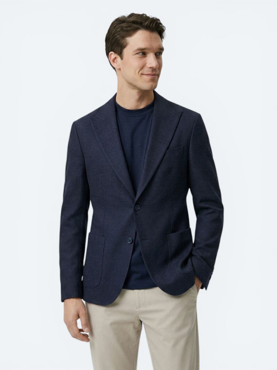 Navy Blue Micro Modern Fit Wool Blended Jacket - 1