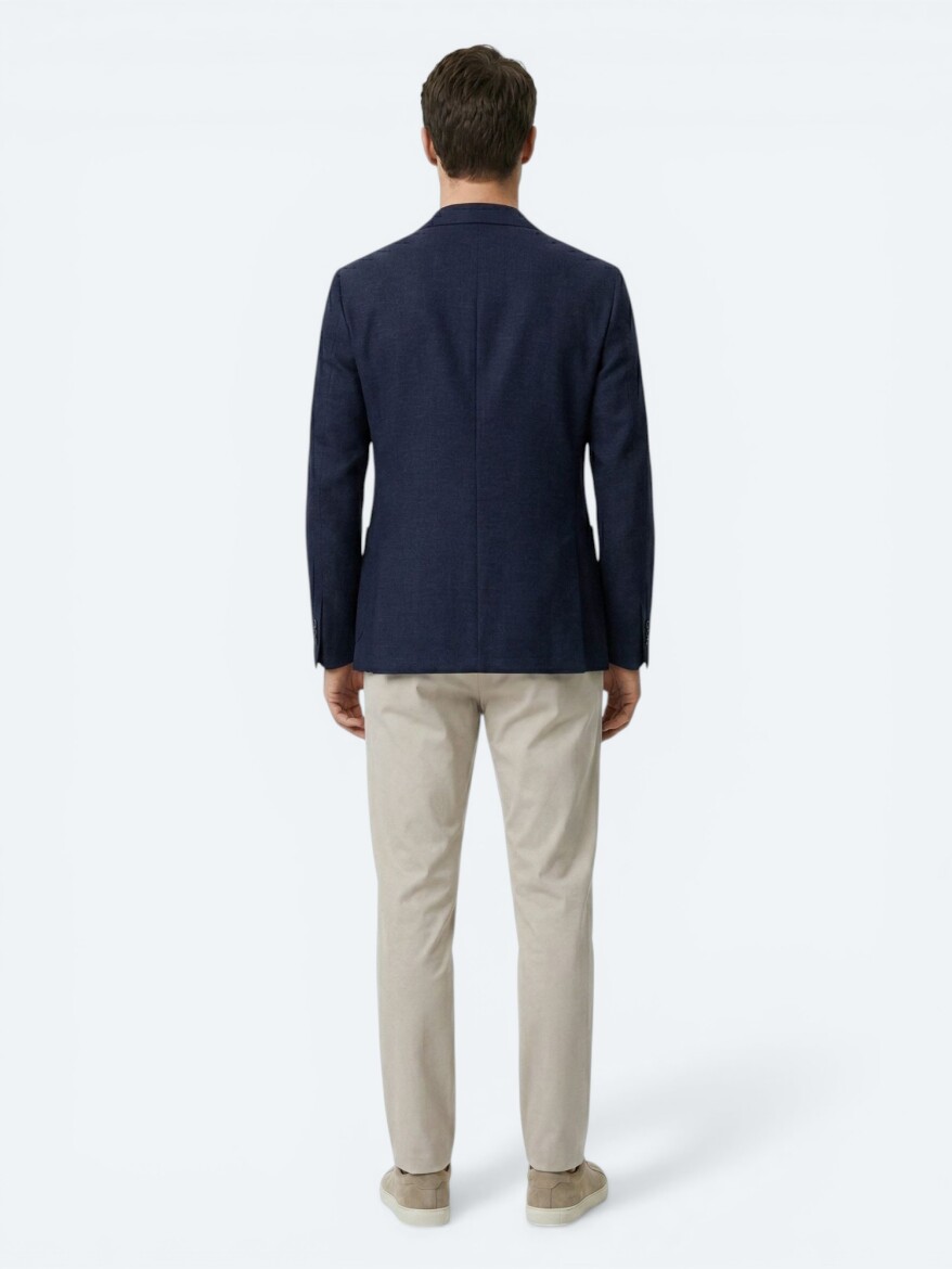 Navy Blue Micro Modern Fit Wool Blended Jacket - 4