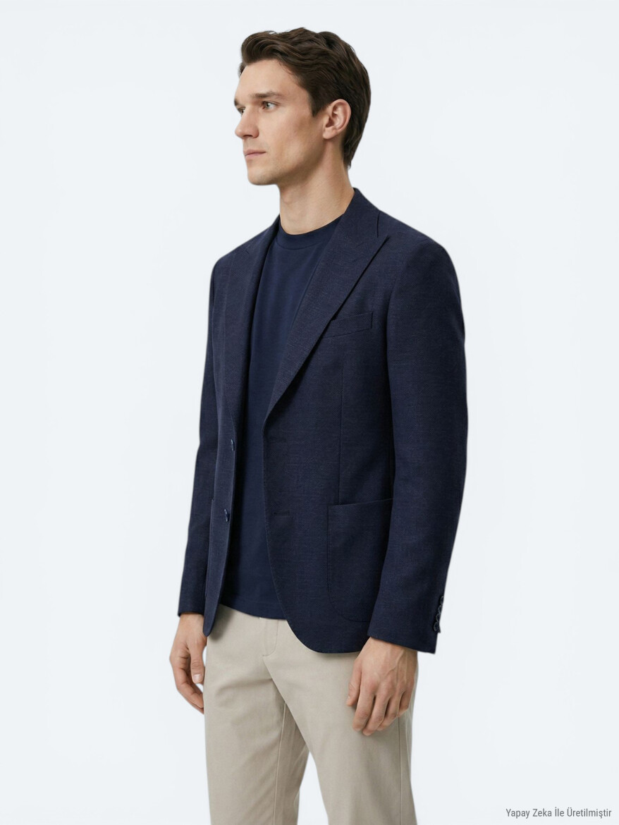 Navy Blue Micro Modern Fit Wool Blended Jacket - KİP