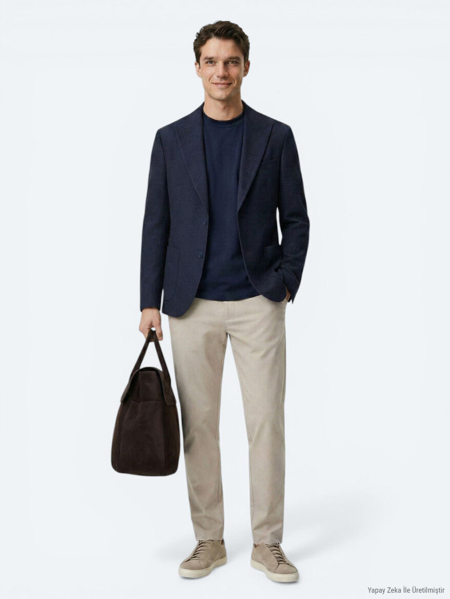 Navy Blue Micro Modern Fit Wool Blended Jacket - 3
