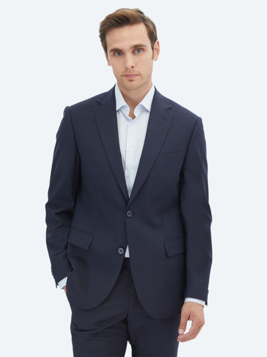 Navy Blue Micro Modern Fit Wool Blended Suit - 1