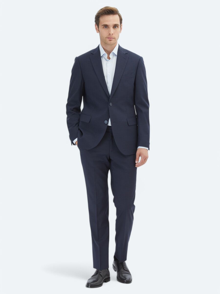 Navy Blue Micro Modern Fit Wool Blended Suit - 2
