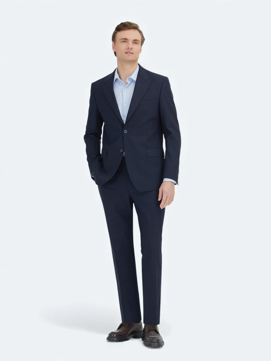 Navy Blue Micro Modern Fit Wool Blended Suit - KİP