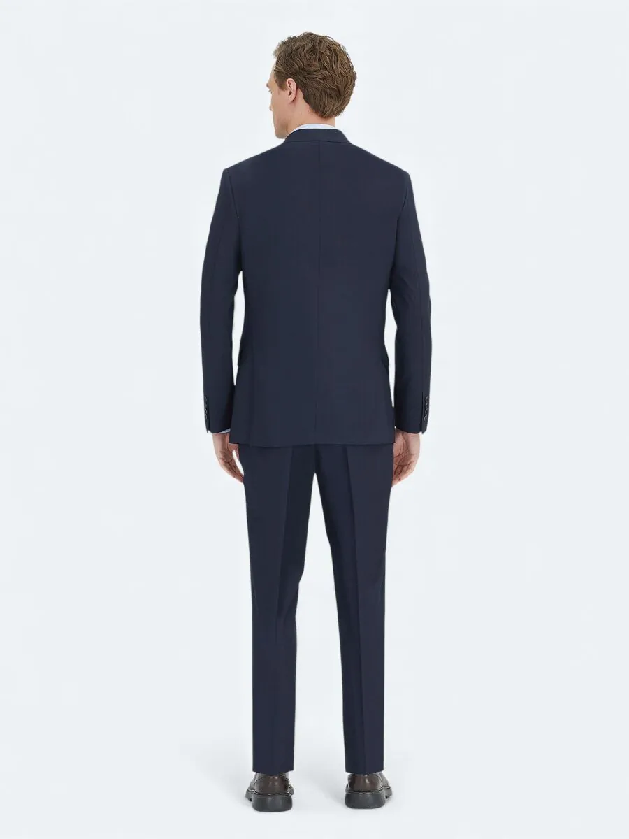 Navy Blue Micro Modern Fit Wool Blended Suit - 4