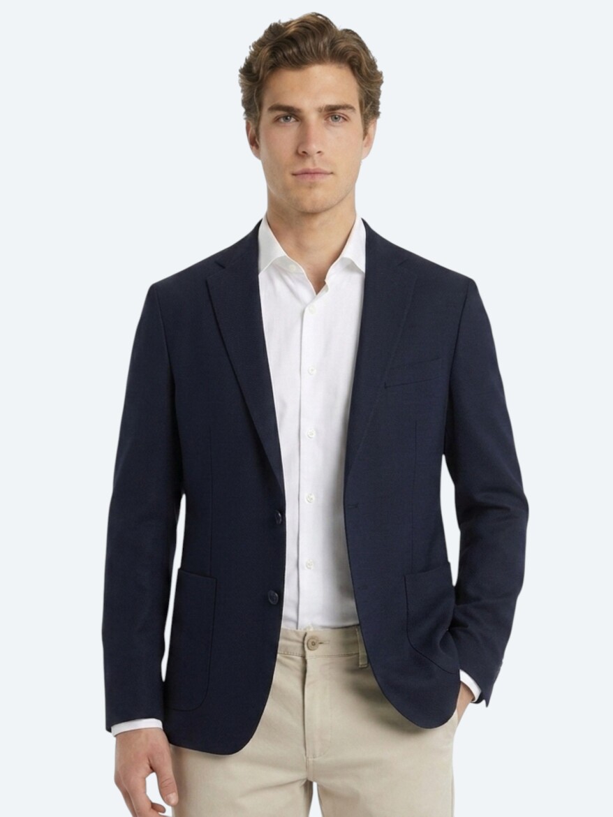 Navy Blue Micro Regular Fit 100% Wool Jacket - 3