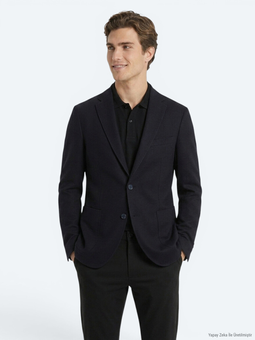 Navy Blue Micro Regular Fit 100% Wool Jacket - 1