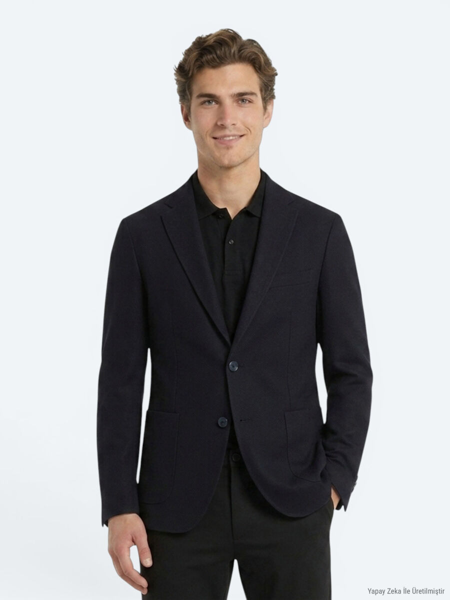 Navy Blue Micro Regular Fit 100% Wool Jacket - 4