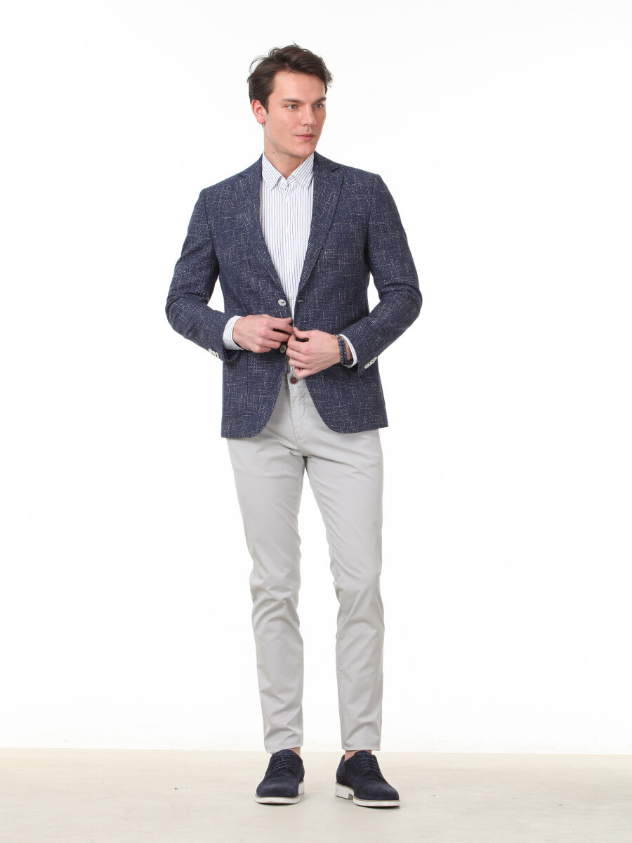 Navy Blue Micro Regular Fit Cotton Blended Jacket - 2