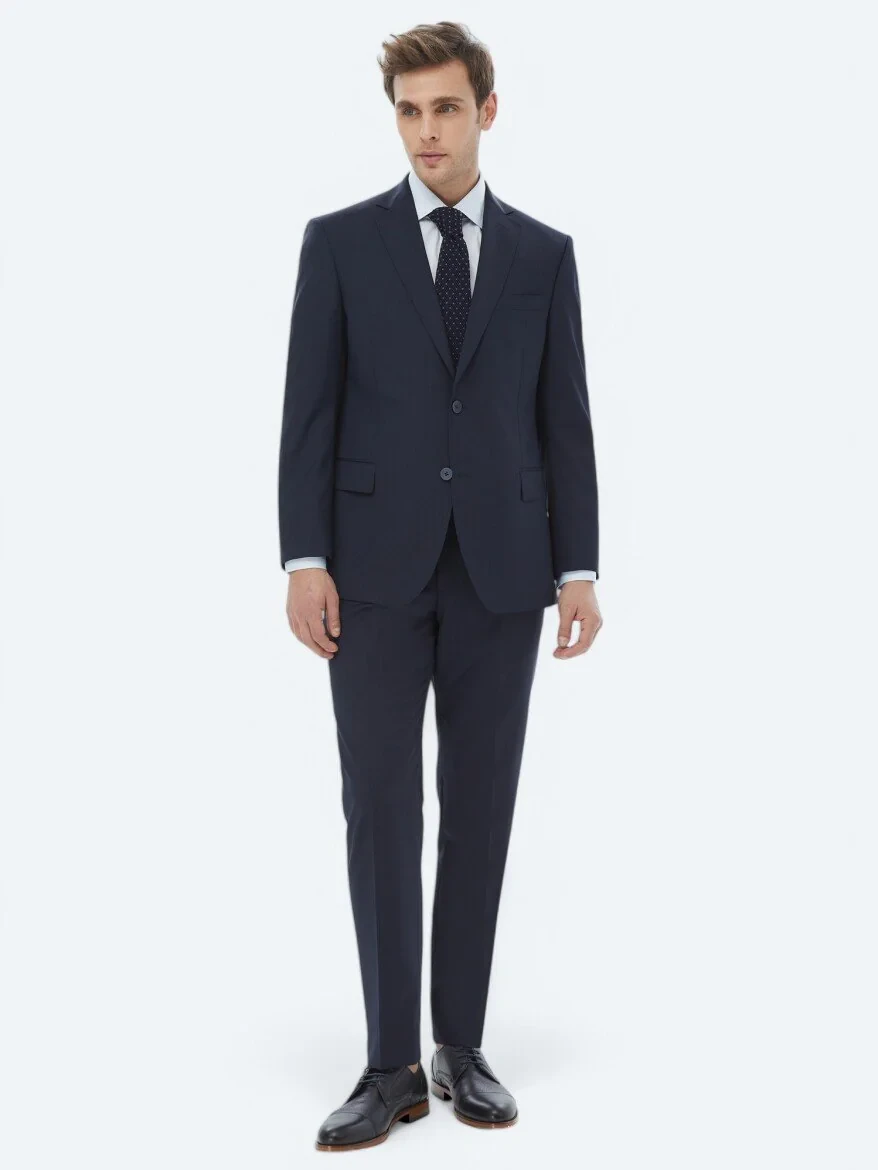 Navy Blue Micro Regular Fit Wool Blended Suit - 1