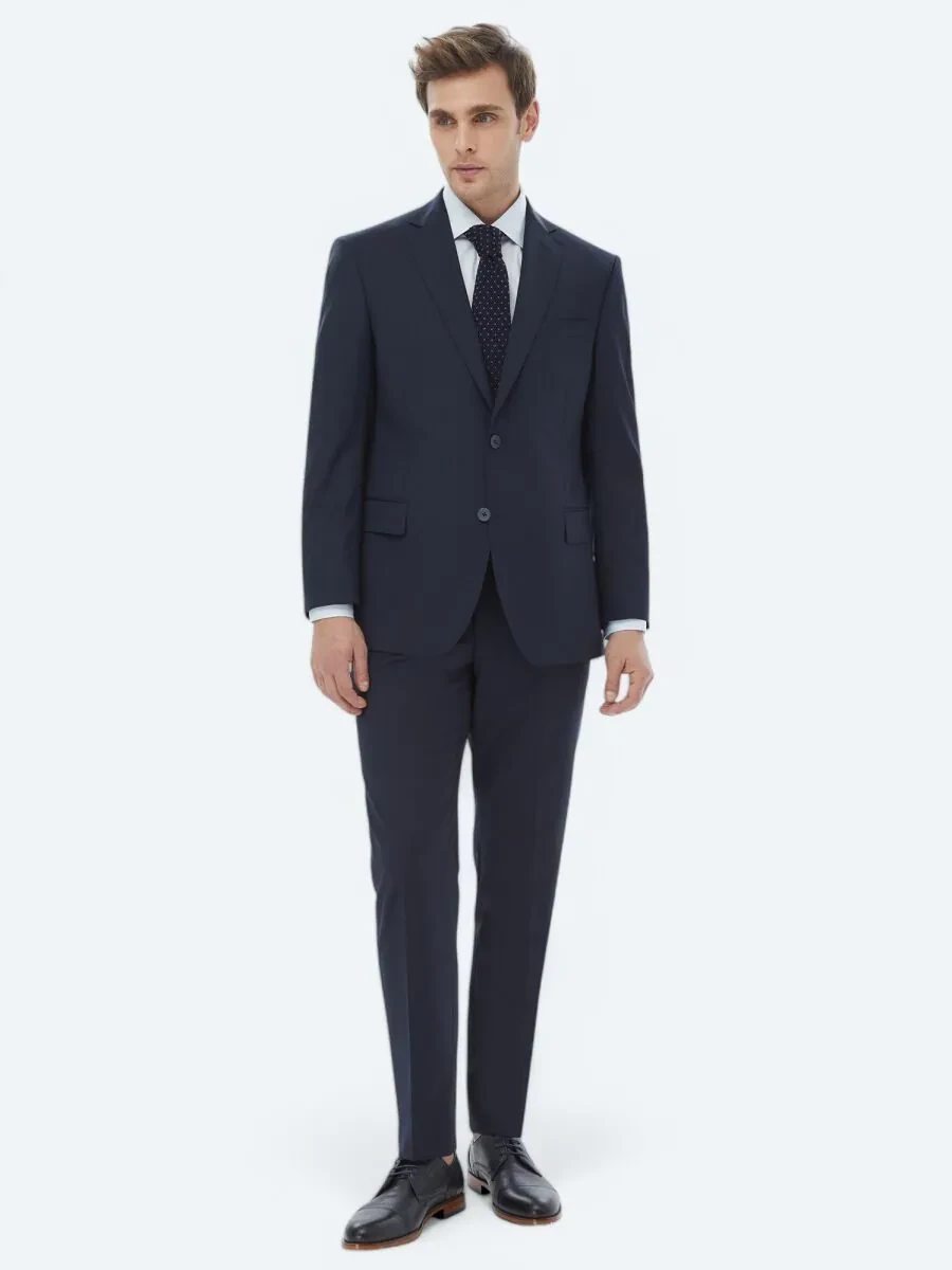 Navy Blue Micro Regular Fit Wool Blended Suit - 1