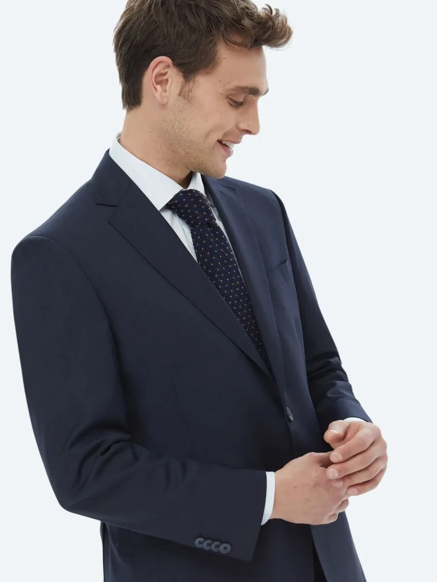 Navy Blue Micro Regular Fit Wool Blended Suit - 3