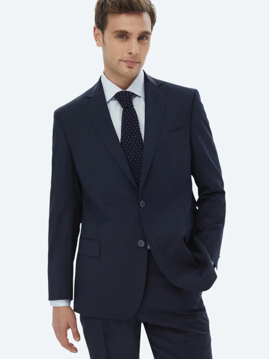 Navy Blue Micro Regular Fit Wool Blended Suit - 6