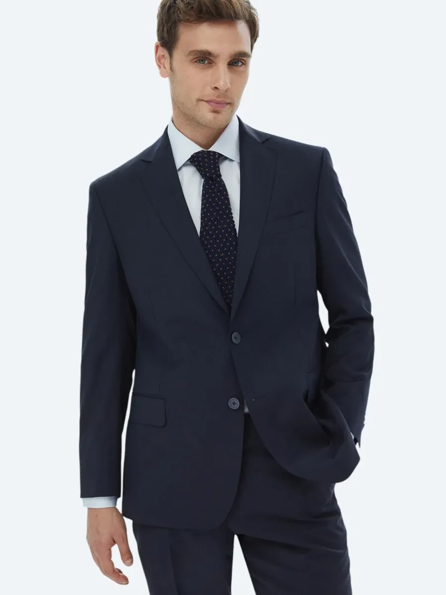 Navy Blue Micro Regular Fit Wool Blended Suit - 6