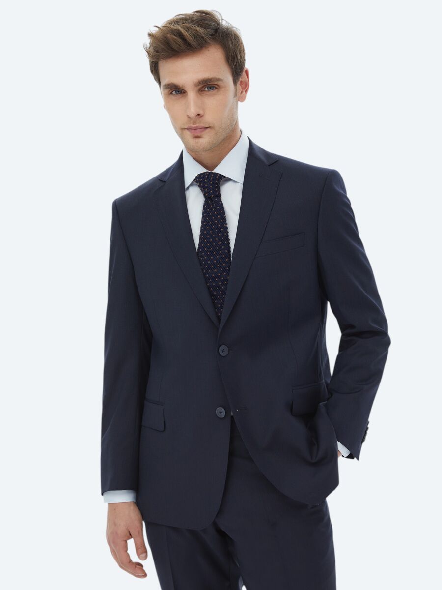 Navy Blue Micro Regular Fit Wool Blended Suit - 2