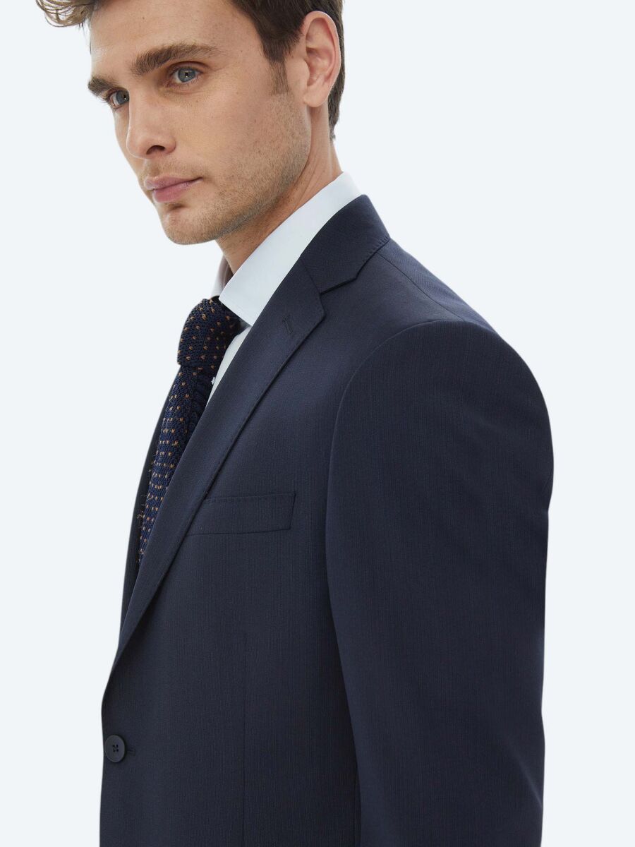 Navy Blue Micro Regular Fit Wool Blended Suit - 7