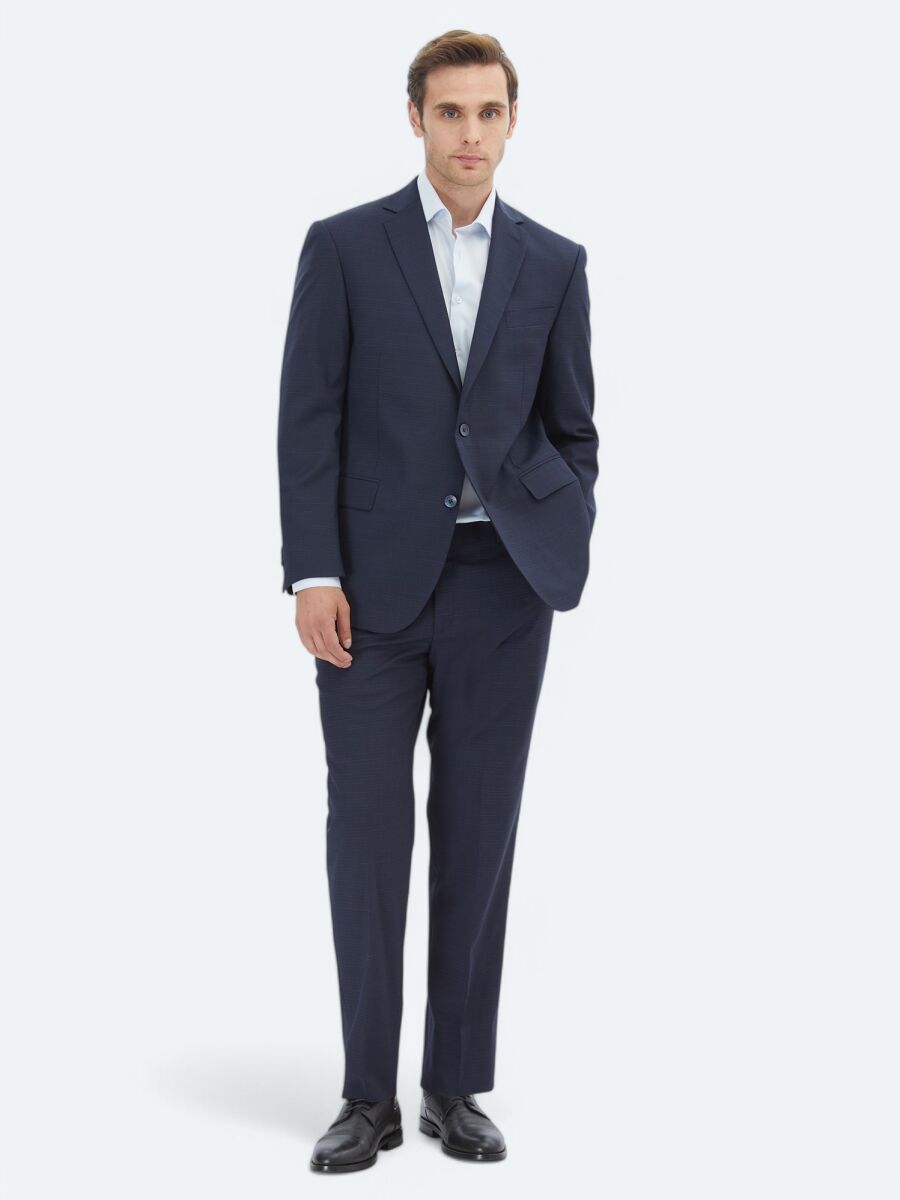 Navy Blue Micro Regular Fit Wool Blended Suit - 2