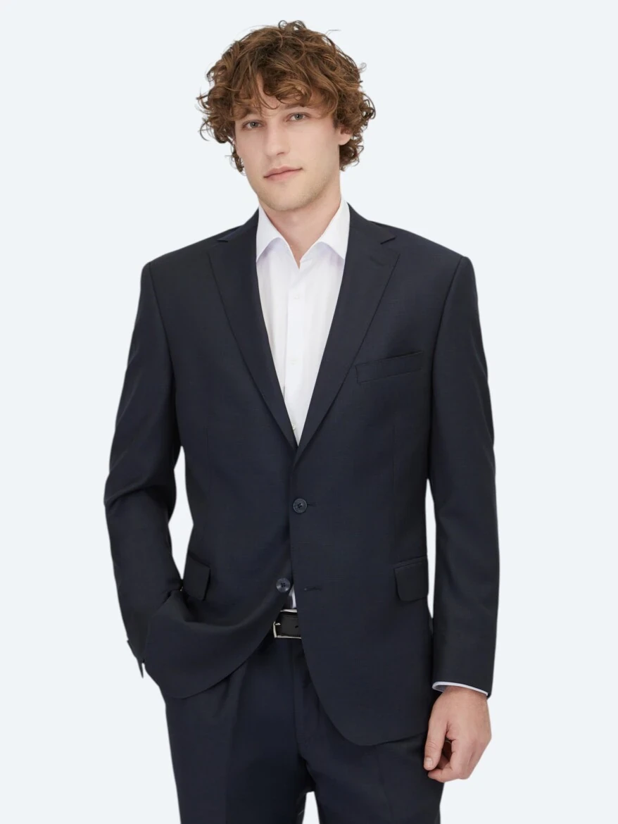 Navy Blue Micro Regular Fit Wool Blended Suit - KİP