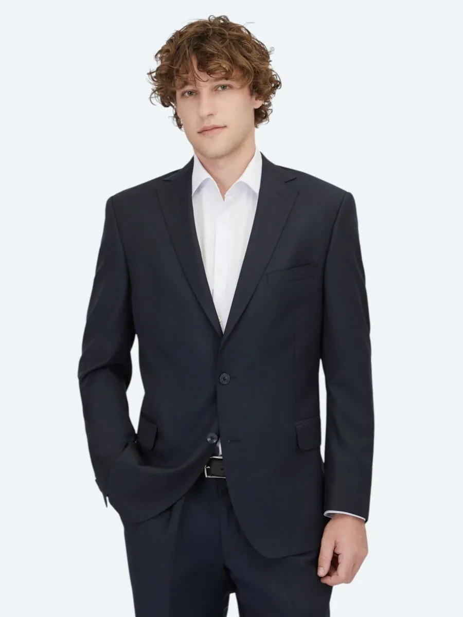 Navy Blue Micro Regular Fit Wool Blended Suit - 1