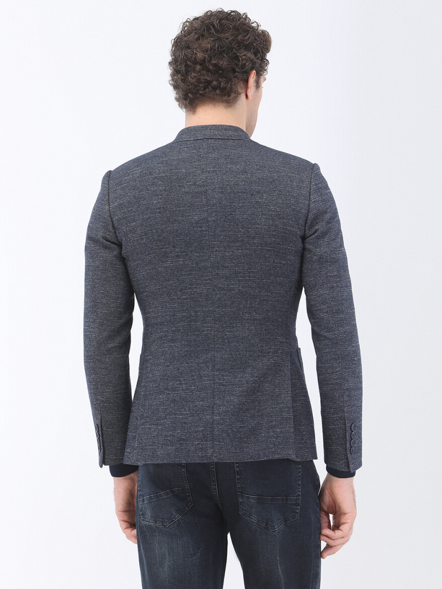Navy Blue Micro Slim Fit Wool Blended Jacket - 5
