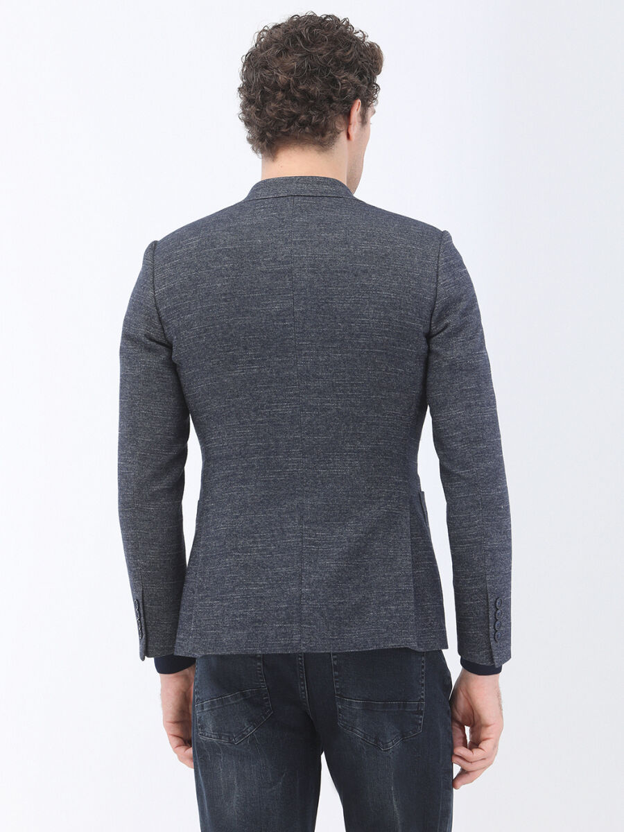 Navy Blue Micro Slim Fit Wool Blended Jacket - 5