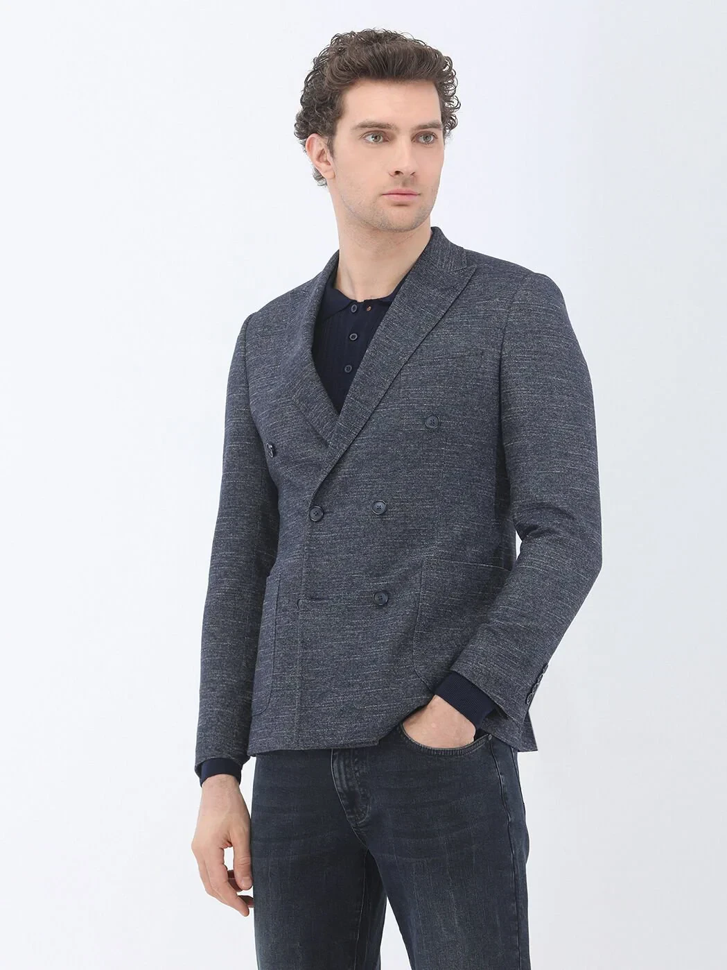 Navy Blue Micro Slim Fit Wool Blended Jacket - 1