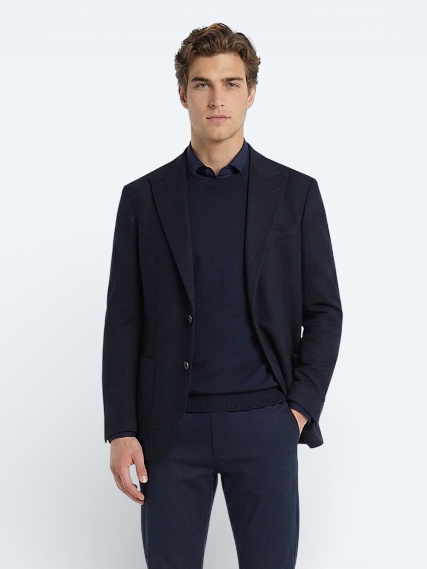 Navy Blue Modern Fit Cotton Blended Jacket - 1