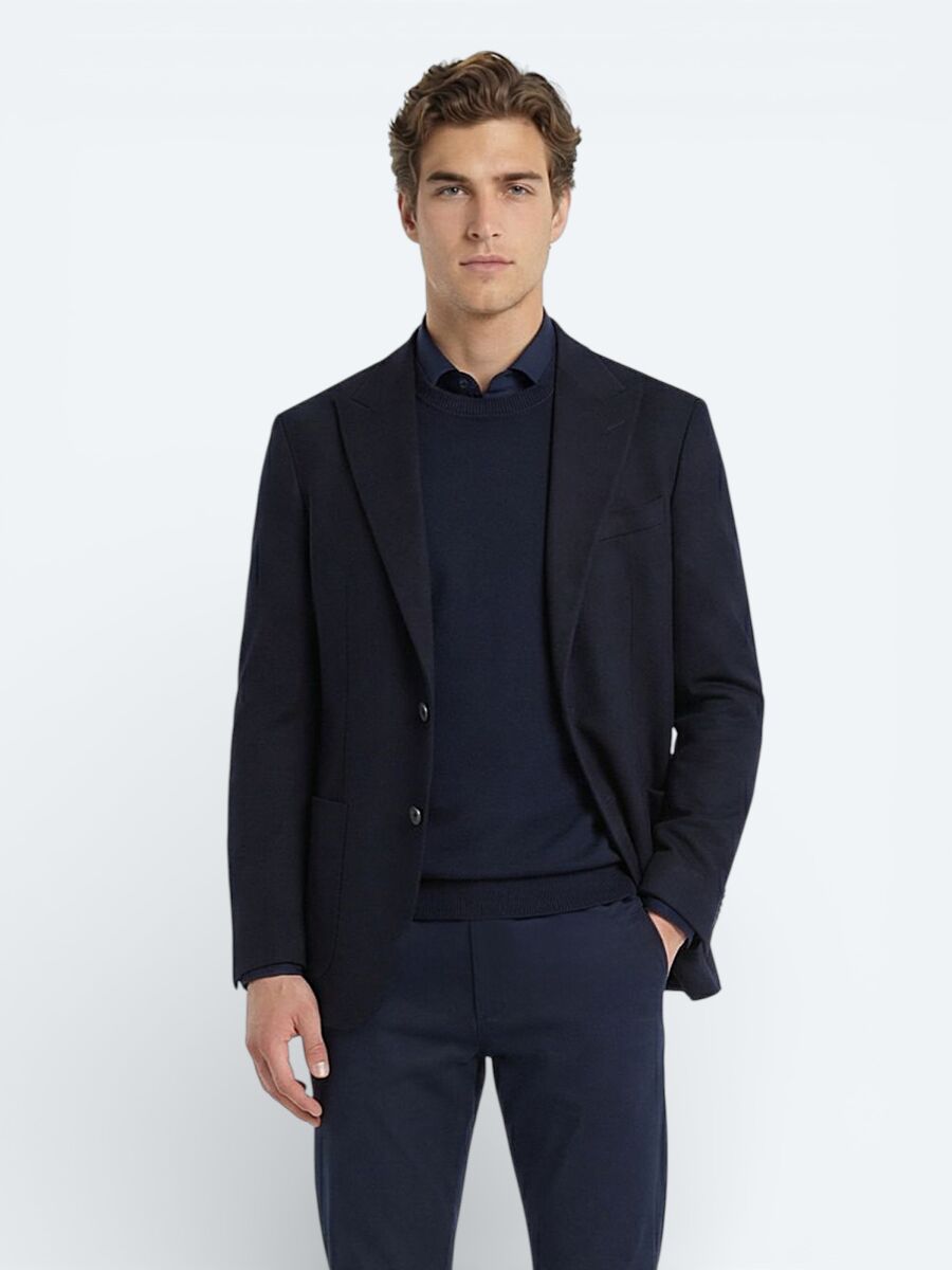 Navy Blue Modern Fit Cotton Blended Jacket - 1