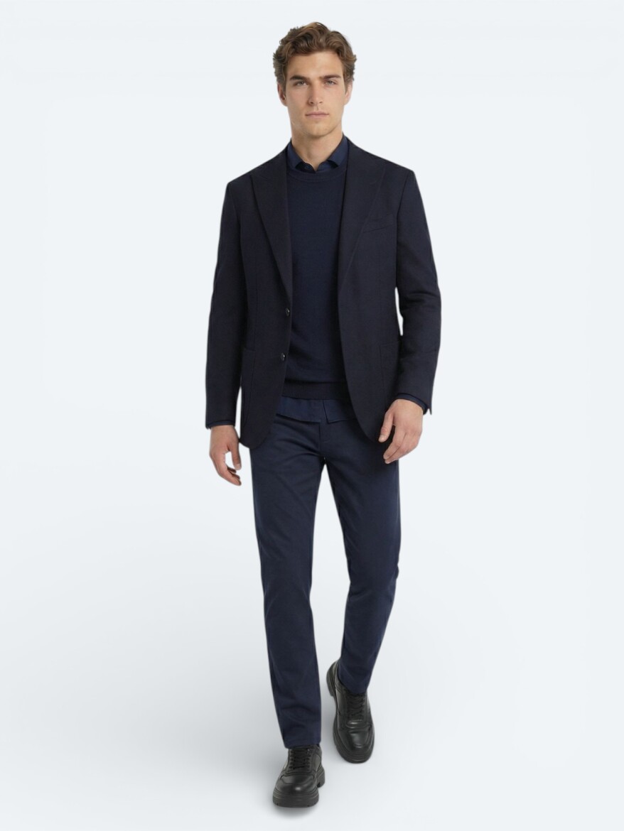 Navy Blue Modern Fit Cotton Blended Jacket - 2