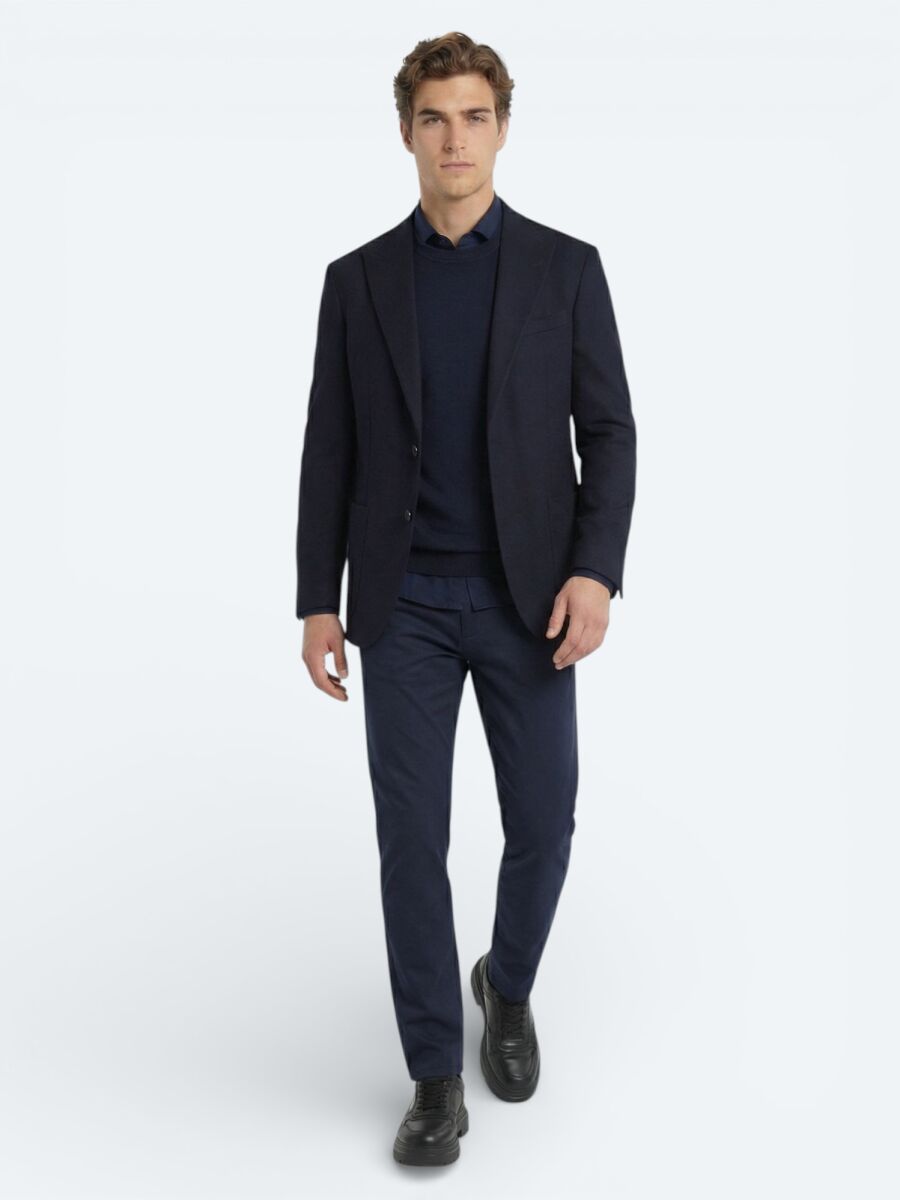 Navy Blue Modern Fit Cotton Blended Jacket - 2