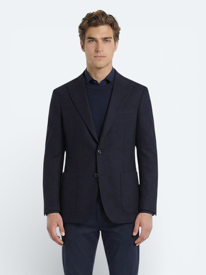 Navy Blue Modern Fit Cotton Blended Jacket - 3