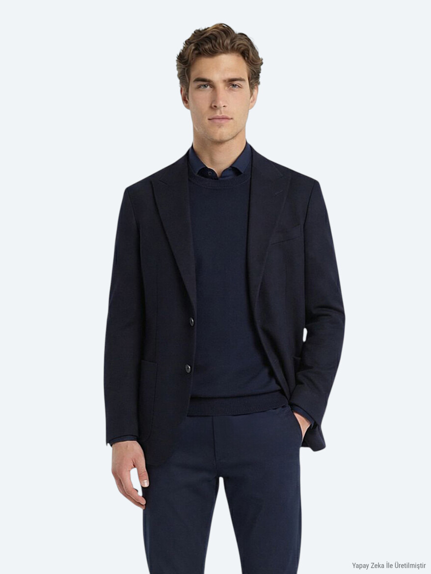 Navy Blue Modern Fit Cotton Blended Jacket - KİP