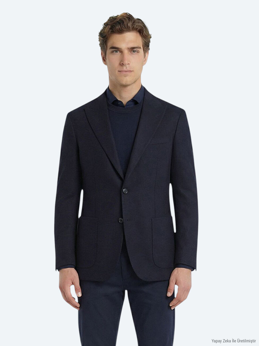 Navy Blue Modern Fit Cotton Blended Jacket - 3