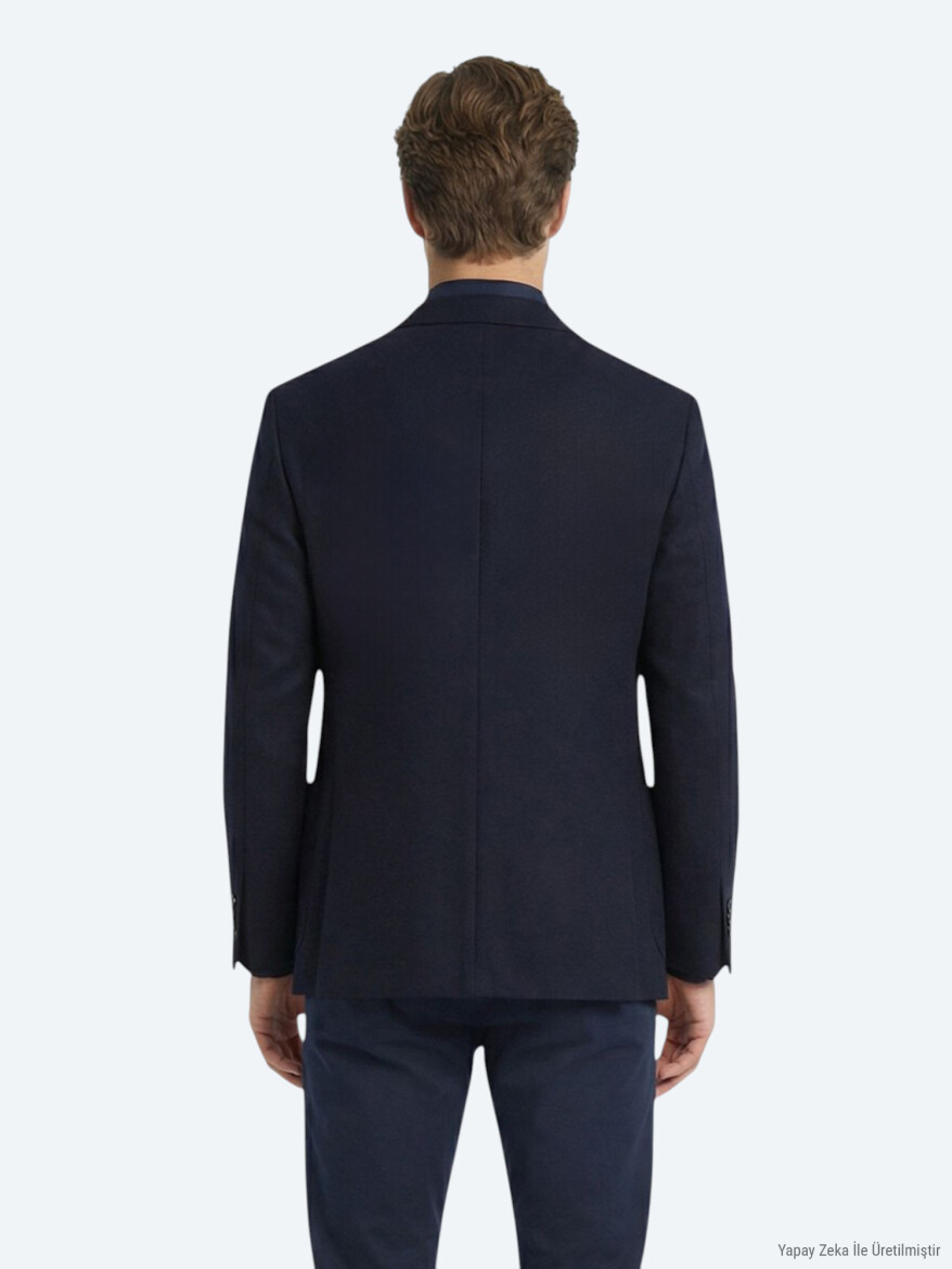 Navy Blue Modern Fit Cotton Blended Jacket - 4