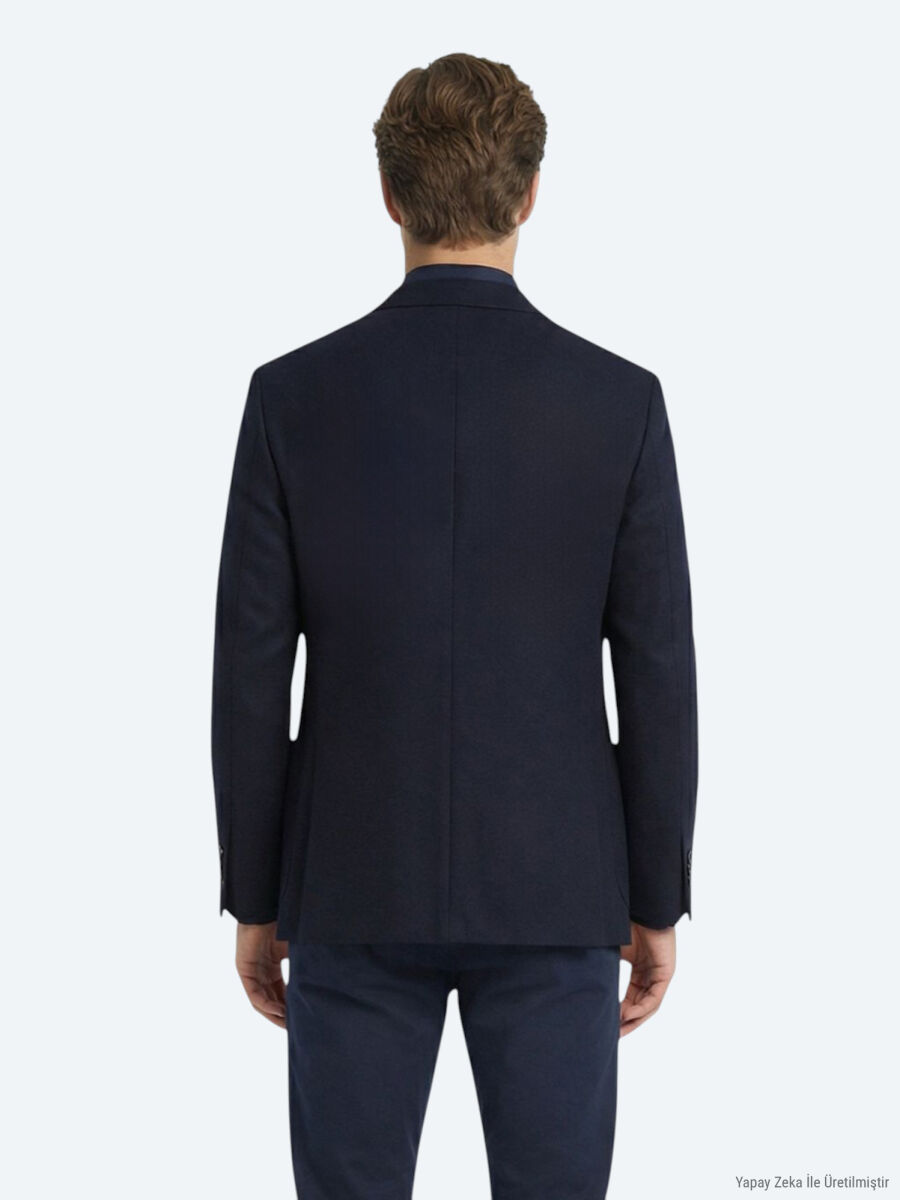 Navy Blue Modern Fit Cotton Blended Jacket - 4
