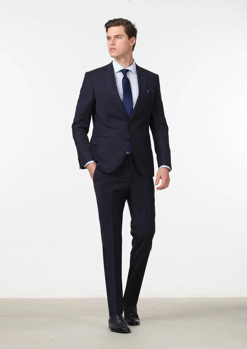 Navy Blue Modern Fit Wool Blended Suit - 2