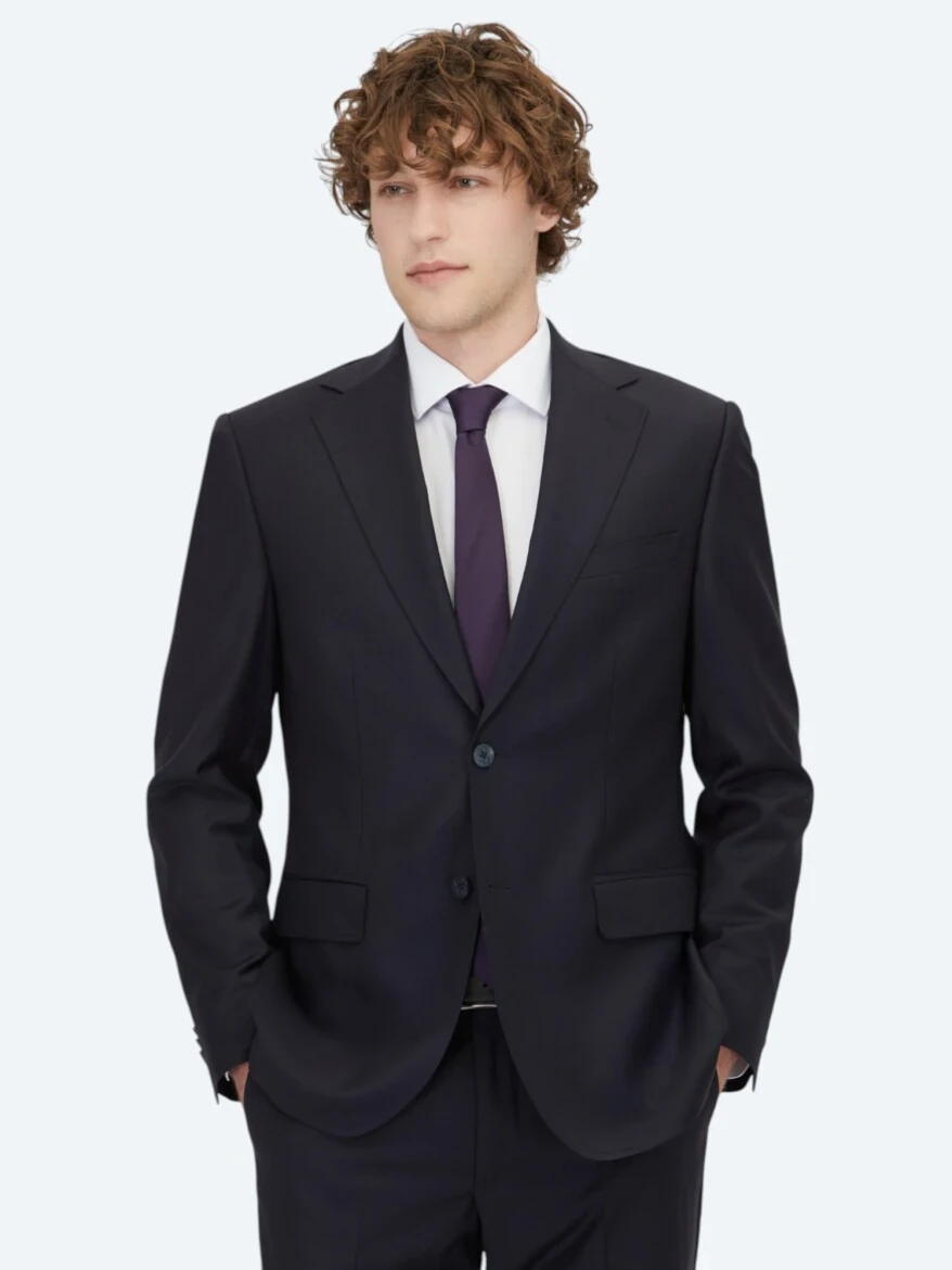 Navy Blue Modern Fit Wool Blended Suit - 1