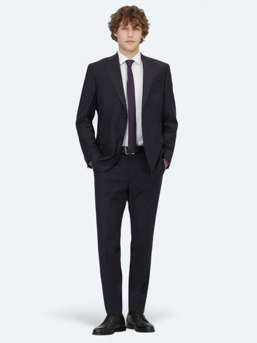 Navy Blue Modern Fit Wool Blended Suit - 2