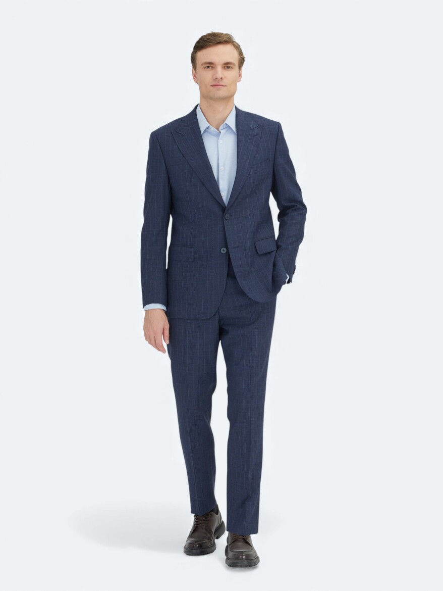 Navy Blue Modern Fit Wool Blended Suit - KİP