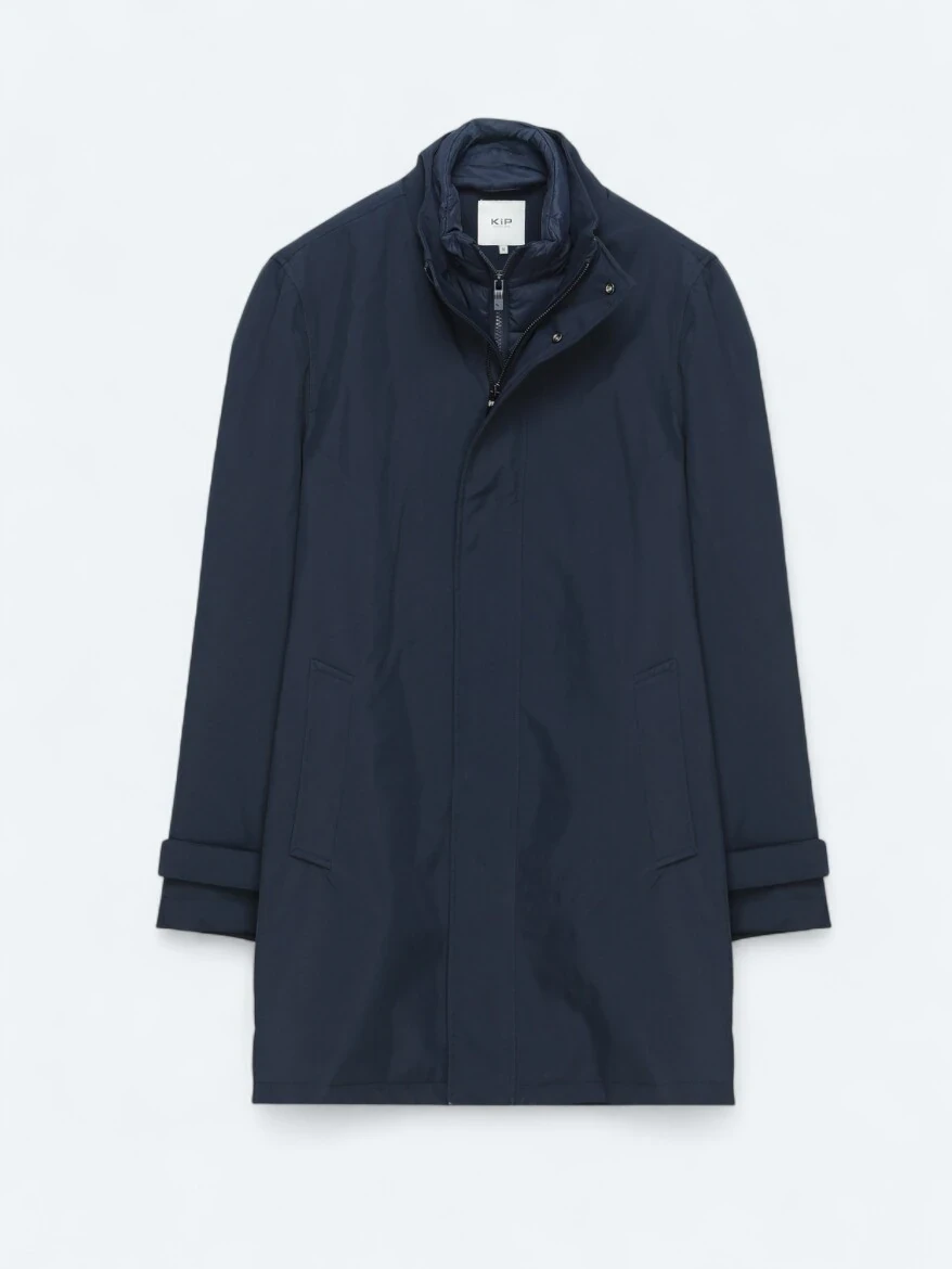Navy Blue Oversize Fit Double Breasted Collar Casual Weaving Rain Coat - KİP