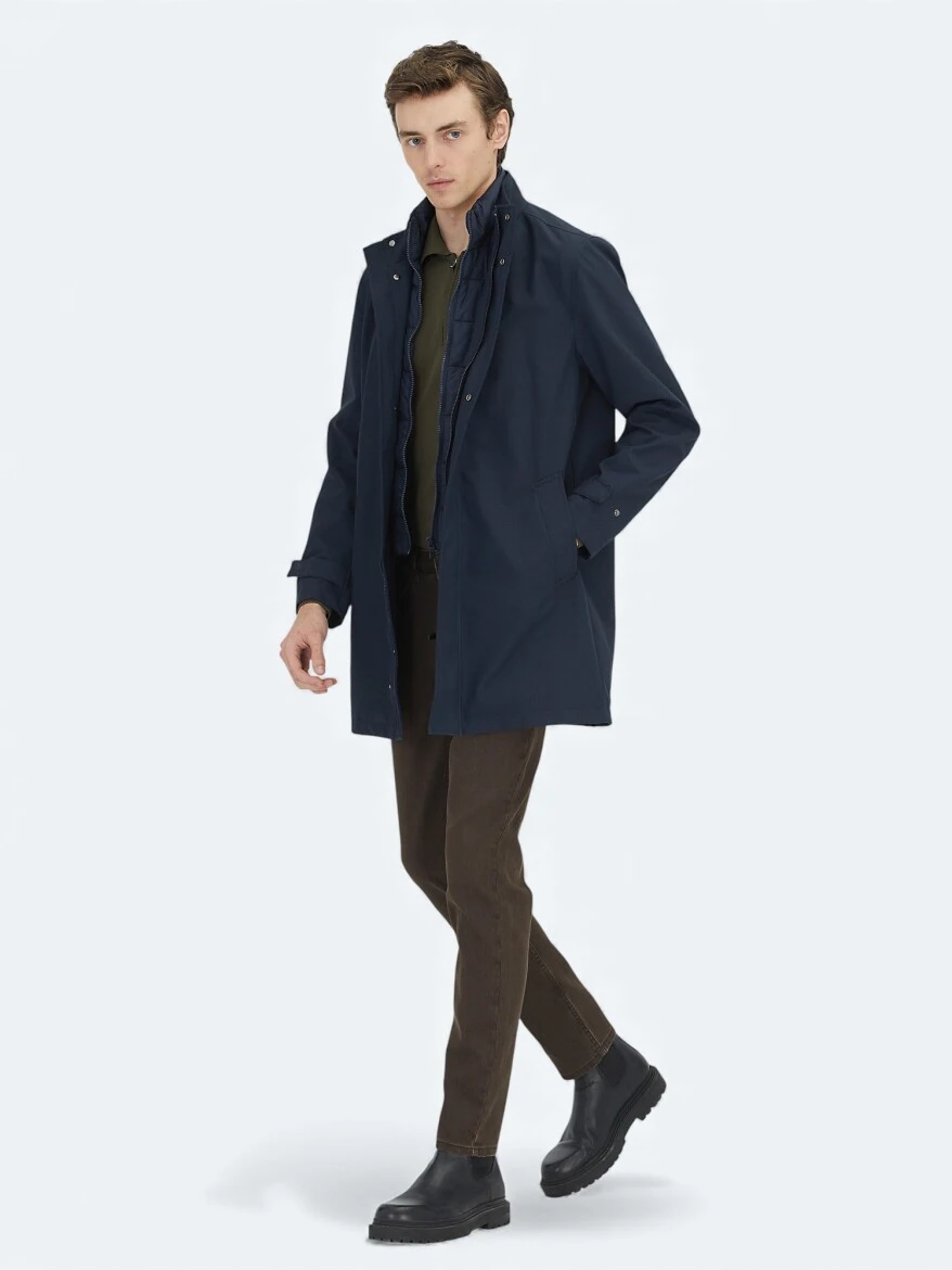 Navy Blue Oversize Fit Double Breasted Collar Casual Weaving Rain Coat - KİP