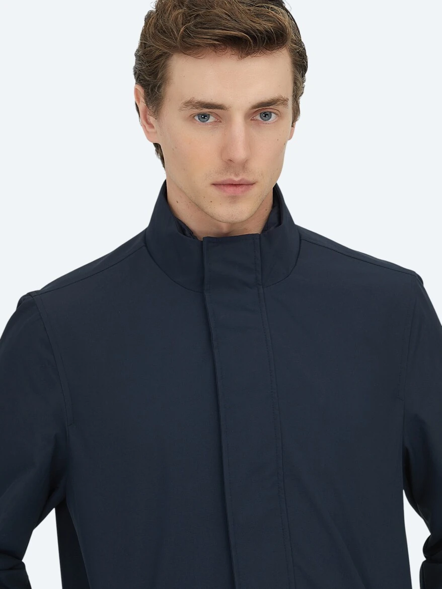 Navy Blue Oversize Fit Double Breasted Collar Casual Weaving Rain Coat - 7