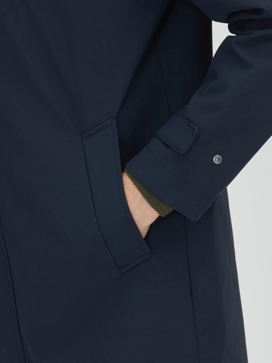 Navy Blue Oversize Fit Double Breasted Collar Casual Weaving Rain Coat - 8