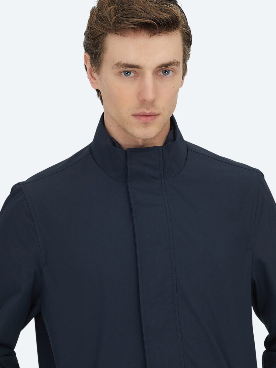 Navy Blue Oversize Fit Double Breasted Collar Casual Weaving Rain Coat - 7