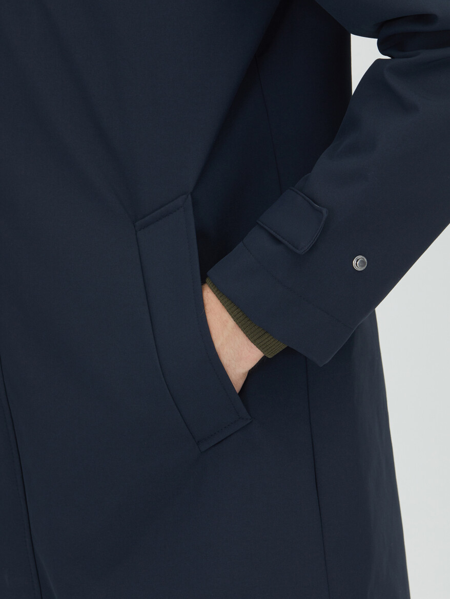 Navy Blue Oversize Fit Double Breasted Collar Casual Weaving Rain Coat - 8