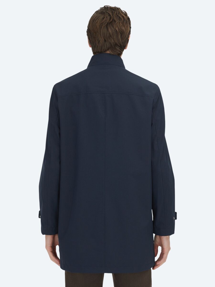 Navy Blue Oversize Fit Double Breasted Collar Casual Weaving Rain Coat - 9