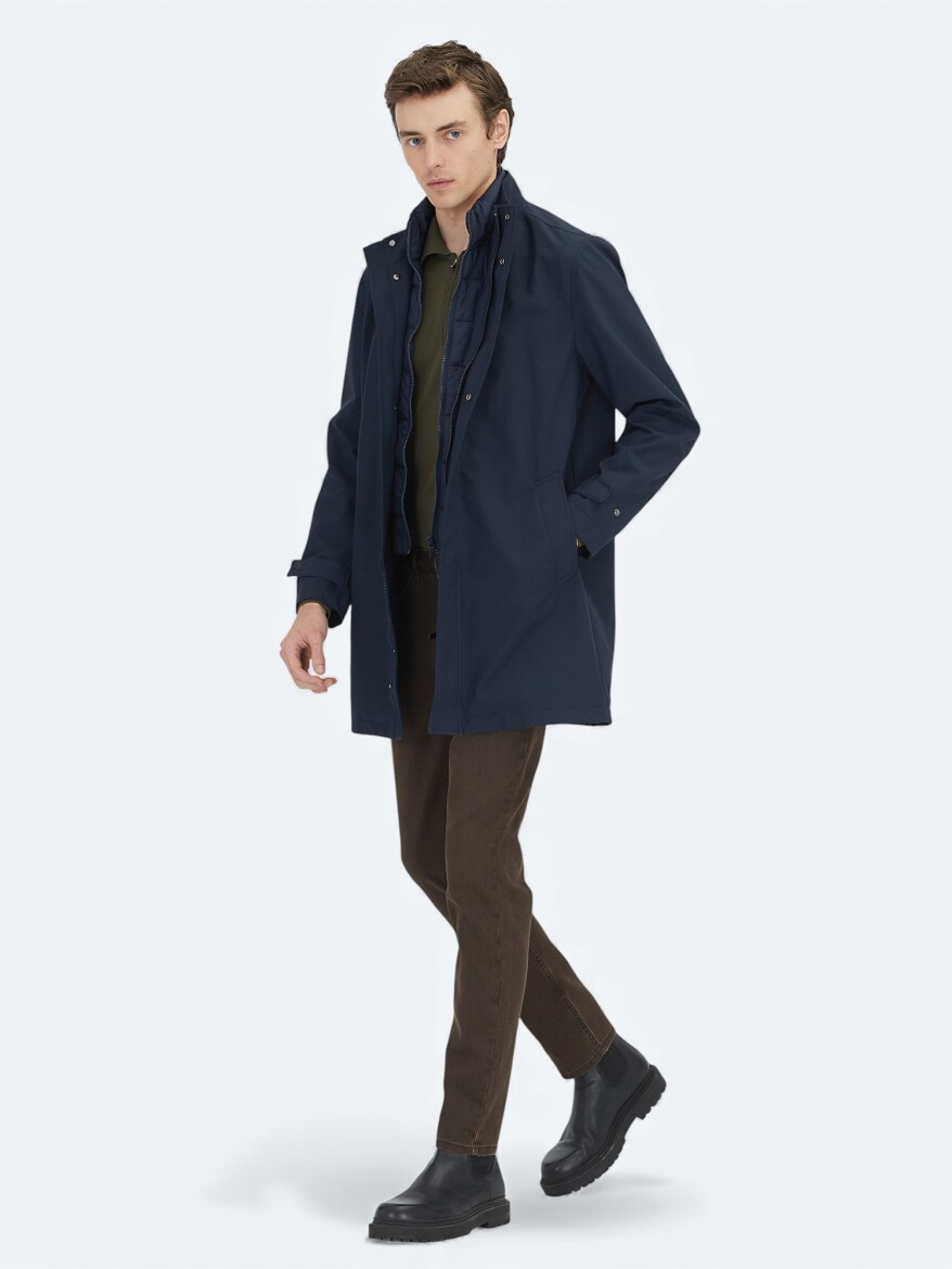 Navy Blue Oversize Fit Double Breasted Collar Casual Weaving Rain Coat - KİP