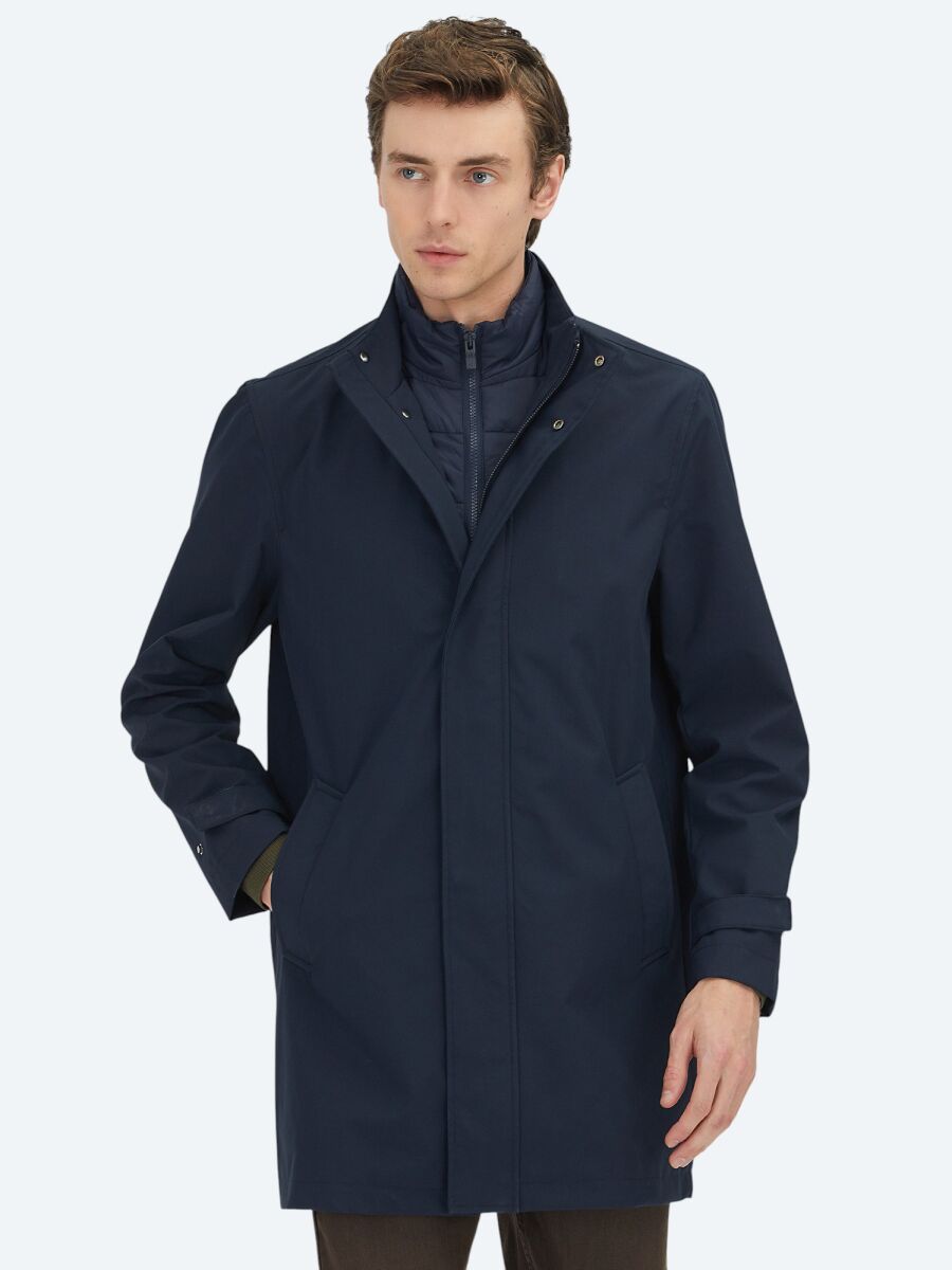 Navy Blue Oversize Fit Double Breasted Collar Casual Weaving Rain Coat - 4